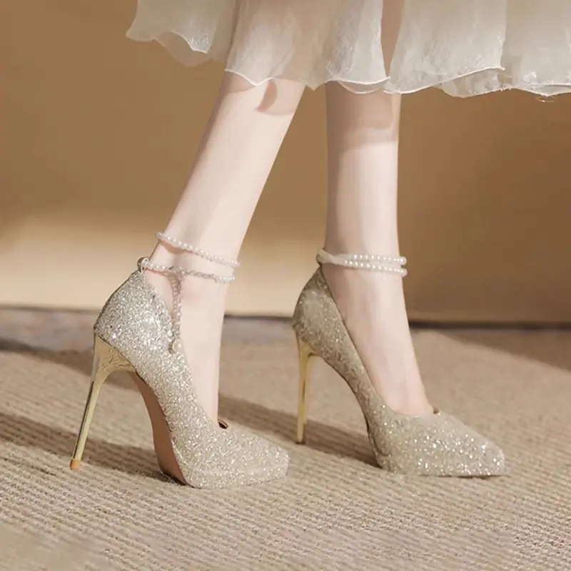 Thin Heel Shoes Women's Fashion Pointy Shallow Mouth Full Sequin Bead Set Foot Anti-slip Wear-resistant High Heels