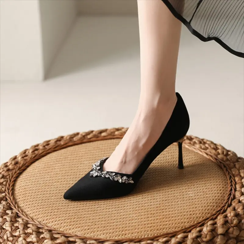 Women's Fashion Thin Heel Shoes Autumn New Pointed Head Shallow Mouth Crystal Anti-slip Wear-resistant Slip-on High Heels