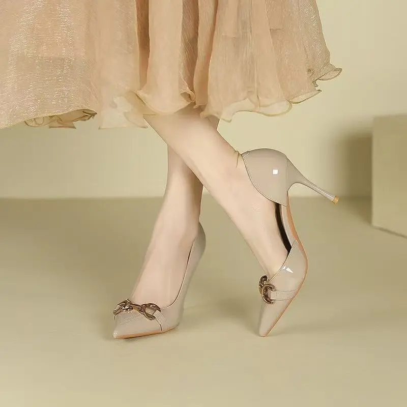 Women's Thin Heel Shoes Spring New Pointed Head Shallow Mouth Metal Chain Set Foot Anti-slip Wear-resistant High Heels