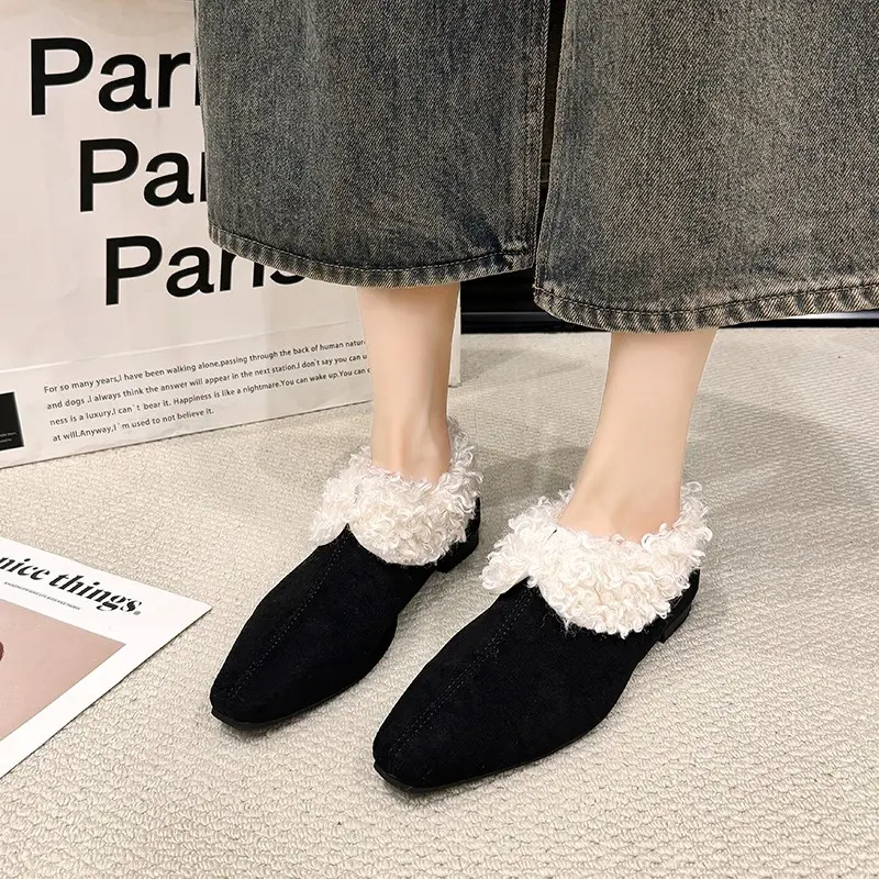 Women's Winter New Flat Shoes Fashion Square Head Deep Mouth Suede Soft Sole Anti-slip Wear-resistant Low-top Shoes