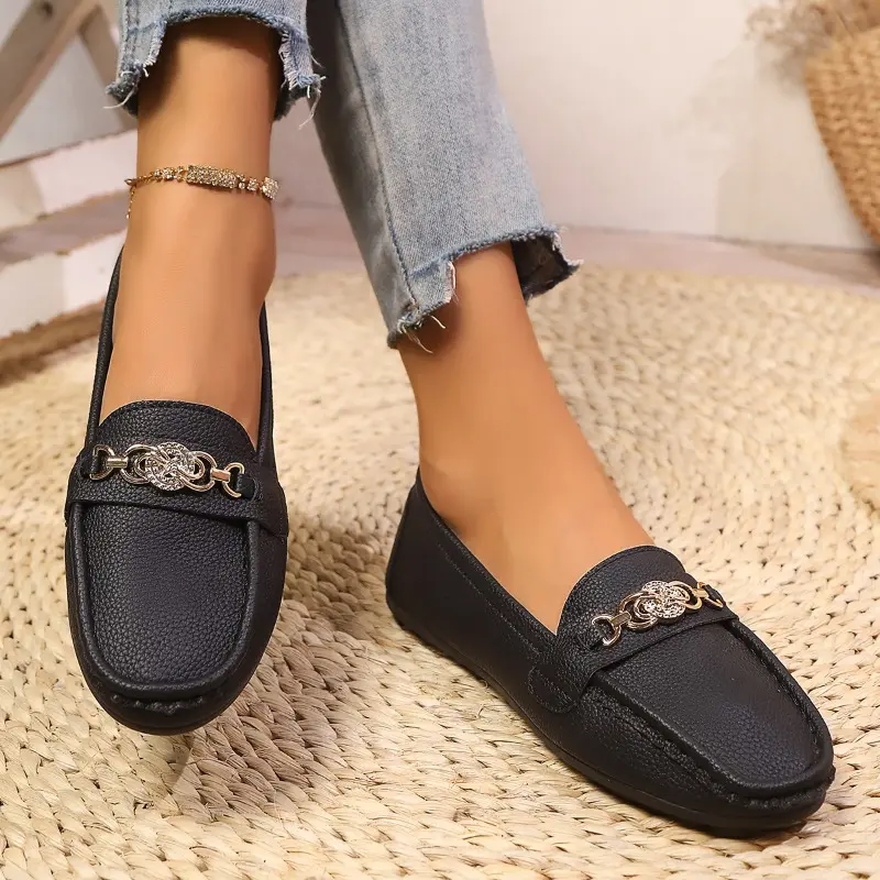 Women's Flat Shoes Autumn New Round Head Deep Mouth Metal Buckle Soft Sole Anti-slip Wear-resistant Low-top Shoes