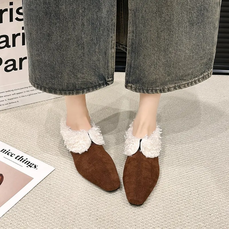 Women's Winter New Flat Shoes Fashion Square Head Deep Mouth Suede Soft Sole Anti-slip Wear-resistant Low-top Shoes