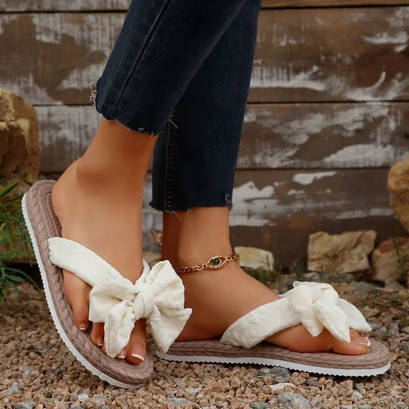 Women's Flat Slippers Summer New Round Head Toe Butterfly Knot Soft Sole Anti-slip Wear-resistant Light Sandals