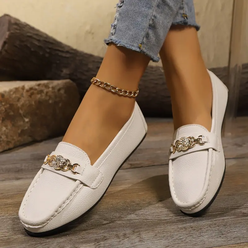Women's Flat Shoes Autumn New Round Head Deep Mouth Metal Buckle Soft Sole Anti-slip Wear-resistant Low-top Shoes
