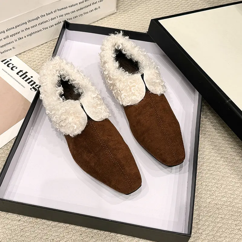 Women's Winter New Flat Shoes Fashion Square Head Deep Mouth Suede Soft Sole Anti-slip Wear-resistant Low-top Shoes