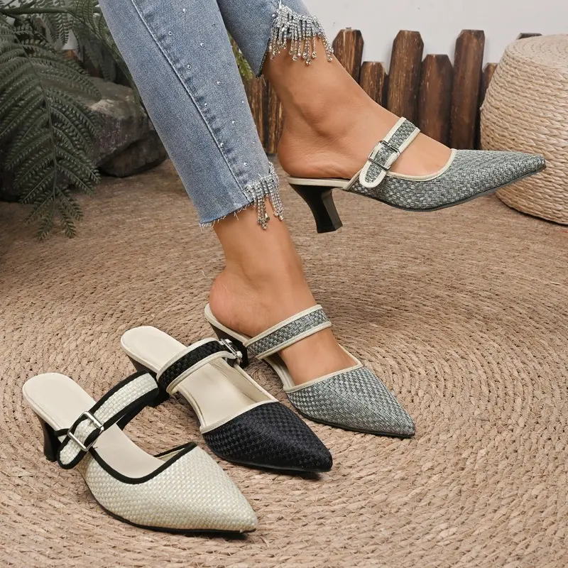 Summer New Color Block Toe High Heels Pointed Toe Shallow Mouth Metal Buckle Anti-slip and Wear-resistant Slippers