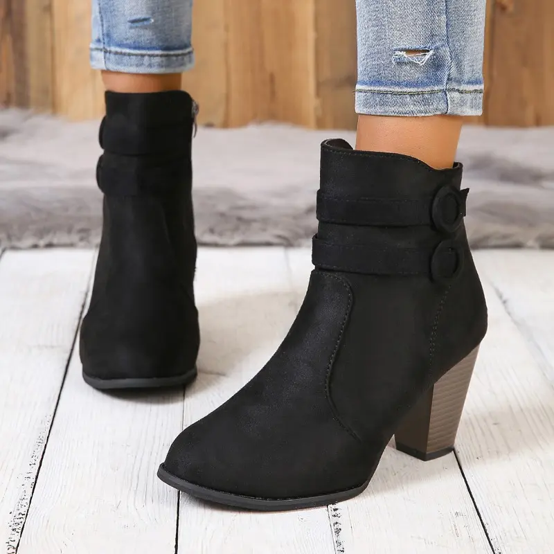 Women's Chunky Single Boots Autumn New Pointed Flannel Side Zipper Anti-slip Wear-resistant Short Boots
