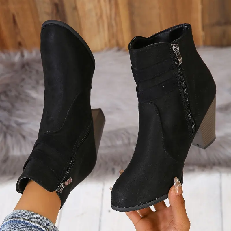 Women's Chunky Single Boots Autumn New Pointed Flannel Side Zipper Anti-slip Wear-resistant Short Boots