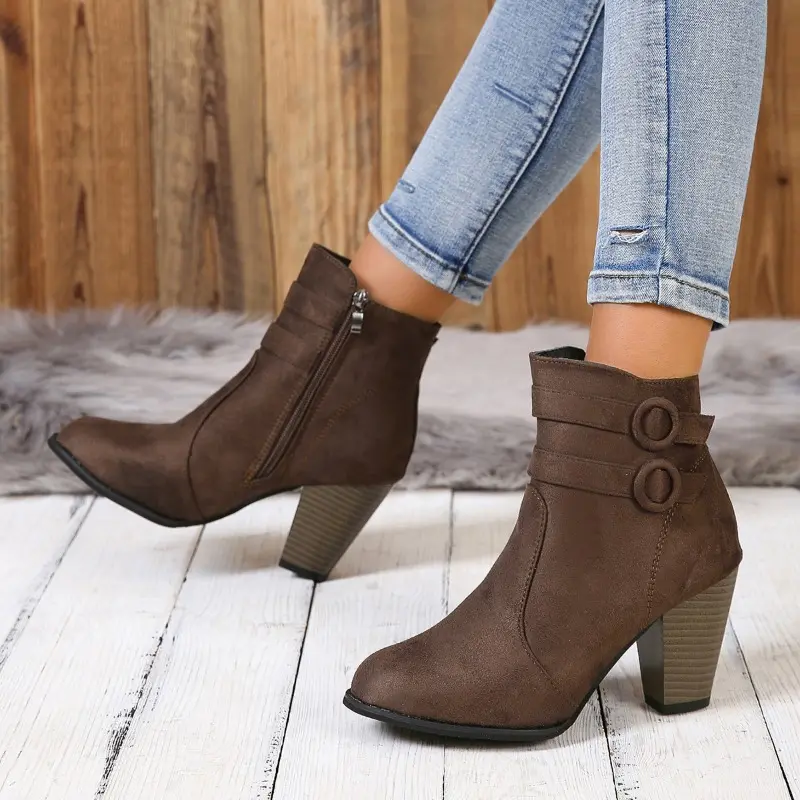 Women's Chunky Single Boots Autumn New Pointed Flannel Side Zipper Anti-slip Wear-resistant Short Boots