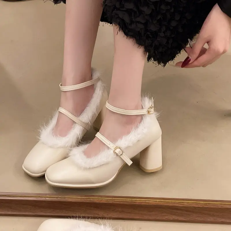 Women's Coarse Heel Single Shoes Winter New Square Head Shallow Mouth Non-slip Wear-resistant Word with Low Top Shoes