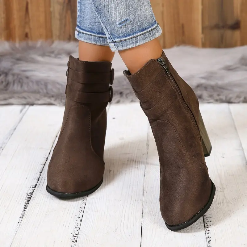 Women's Chunky Single Boots Autumn New Pointed Flannel Side Zipper Anti-slip Wear-resistant Short Boots