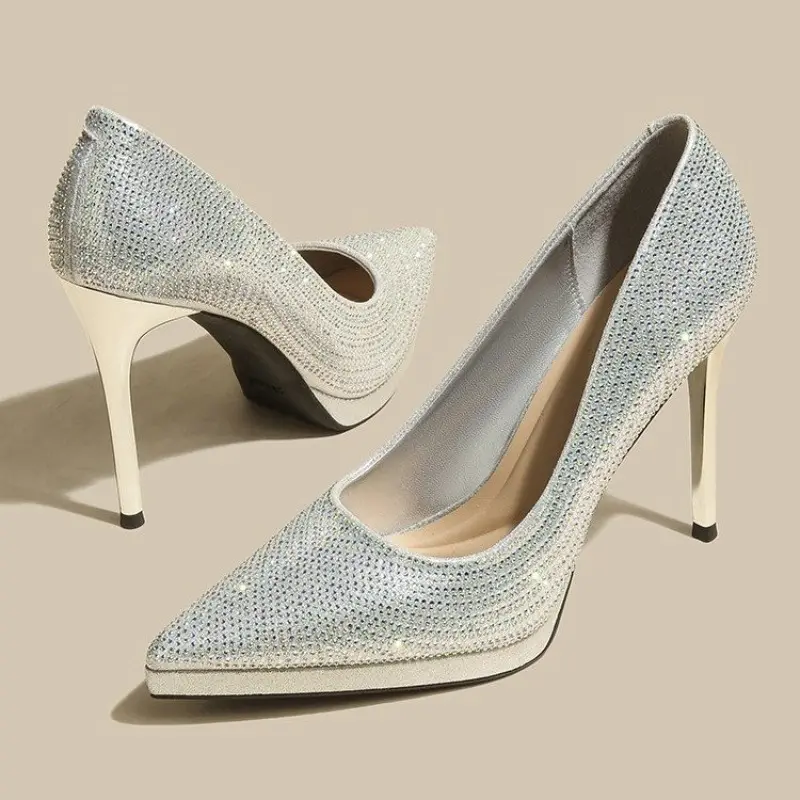 Summer New Sexy Sequin Pointed Toe High Heels Women's Waterproof Bench Cover Feet Stiletto Heel Plus Size Single Shoes