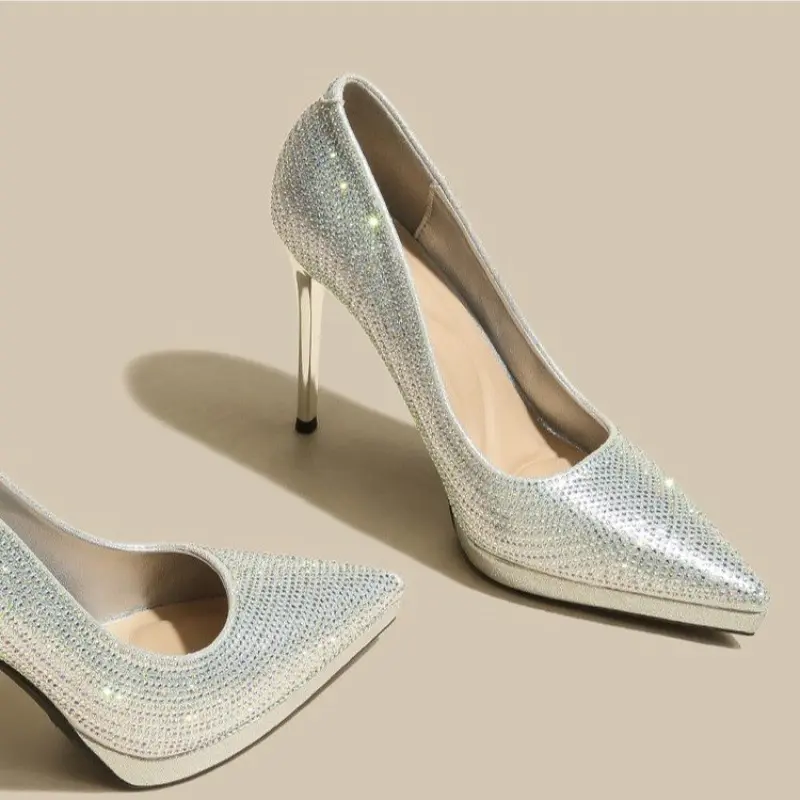 Summer New Sexy Sequin Pointed Toe High Heels Women's Waterproof Bench Cover Feet Stiletto Heel Plus Size Single Shoes