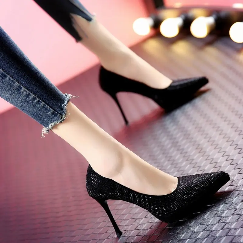 Summer New Sexy Sequin Pointed Toe High Heels Women's Waterproof Bench Cover Feet Stiletto Heel Plus Size Single Shoes