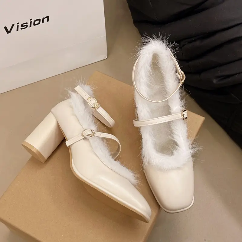 Women's Coarse Heel Single Shoes Winter New Square Head Shallow Mouth Non-slip Wear-resistant Word with Low Top Shoes