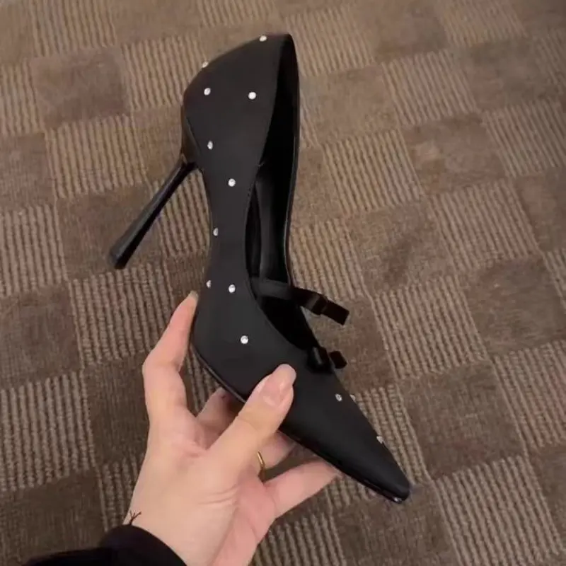 Spring New High-heeled Women's Fashion Shallow Mouth Butterfly Knot Rivets Slip-on Wear-resistant Single Shoes