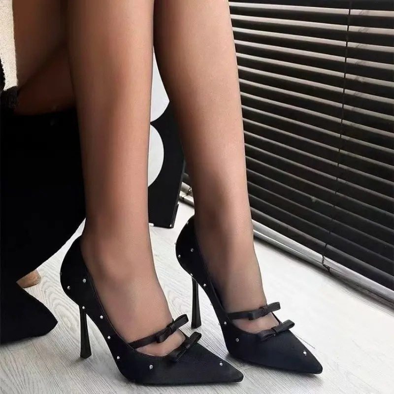 Spring New High-heeled Women's Fashion Shallow Mouth Butterfly Knot Rivets Slip-on Wear-resistant Single Shoes