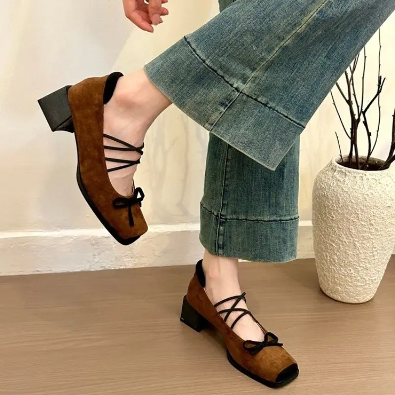 Autumn New Coarse Heel Single Shoes Women's Square Head Shallow Mouth Suede Butterfly Knot Soft Sole Non-slip Low Top Shoes