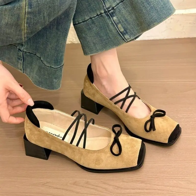 Autumn New Coarse Heel Single Shoes Women's Square Head Shallow Mouth Suede Butterfly Knot Soft Sole Non-slip Low Top Shoes