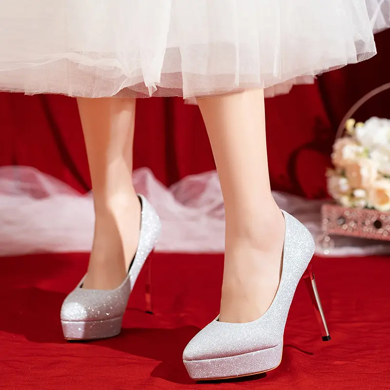 Thin Heel Shoes Summer New Pointed Head Shallow Mouth Glitter Set Foot Waterproof Platform Anti-slip Wear-resistant High Heels