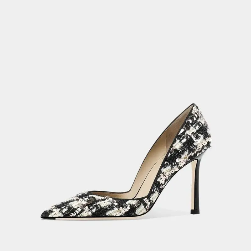 Spring New High-heeled Women's Fashion Pointy Light Mouth Sequin Cloth Slip-on Slip-on Wear-resistant Fine Heel Shoes