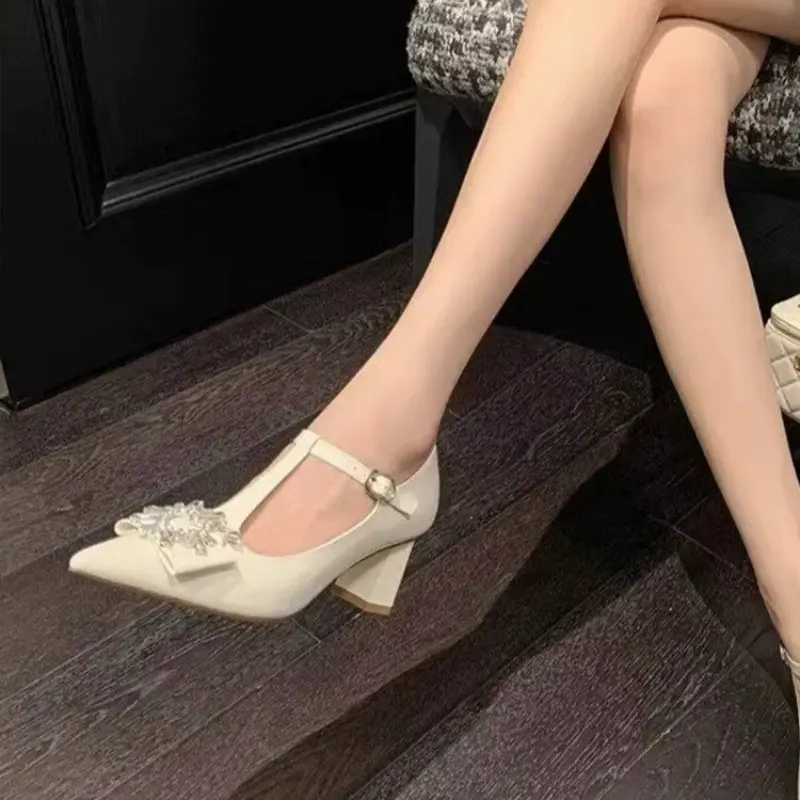 Women's Fashion Coarse Heel Shoes Spring New Pointed Head Shallow Mouth Diamond-like Buckle Non-slip Wear-resistant High Heels