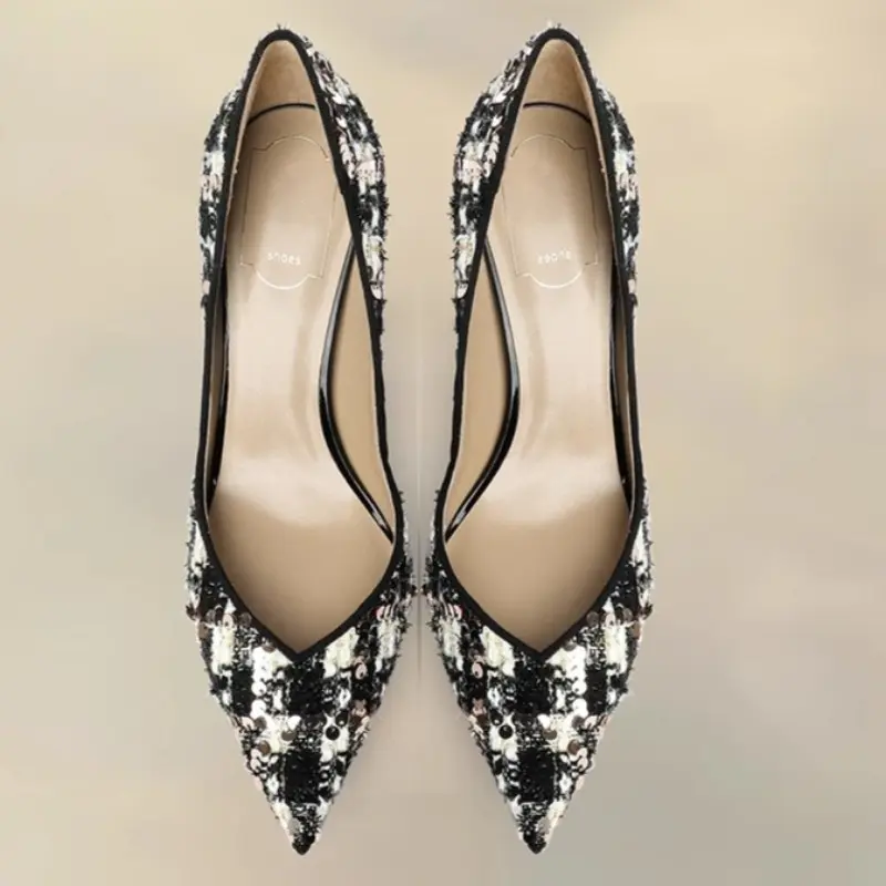 Spring New High-heeled Women's Fashion Pointy Light Mouth Sequin Cloth Slip-on Slip-on Wear-resistant Fine Heel Shoes