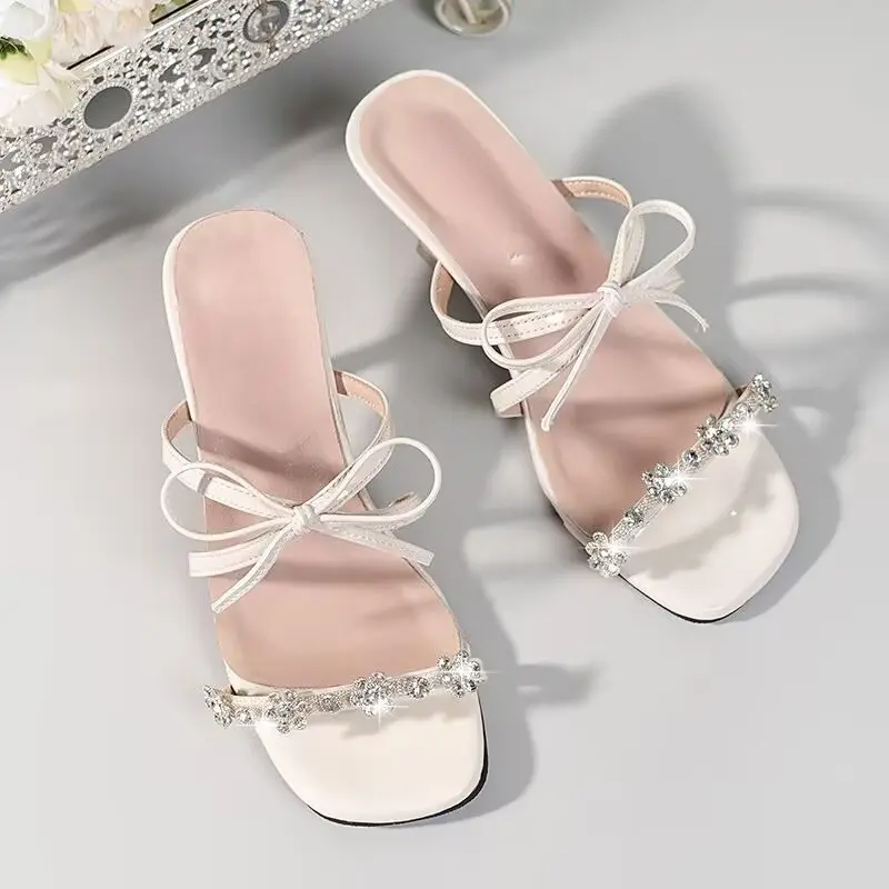 Rhinestone High Heel Cool Drag Women Outside Wear Summer New Square Toe Open Toe Bow Versatile Stiletto Sandal
