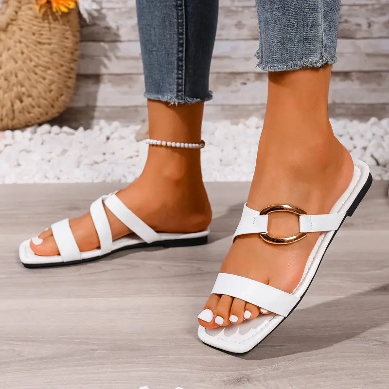 Plus Size Flip Flops Summer New Square Toe Open Toe Cutout Metal Buckle Soft Sole Non-slip Wear-resistant Flats