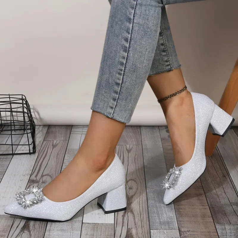 Rhinestone Square Button Block Heel Single Shoes Women's Autumn New Pointed Toe Shallow Mouth Slip-On High Heels