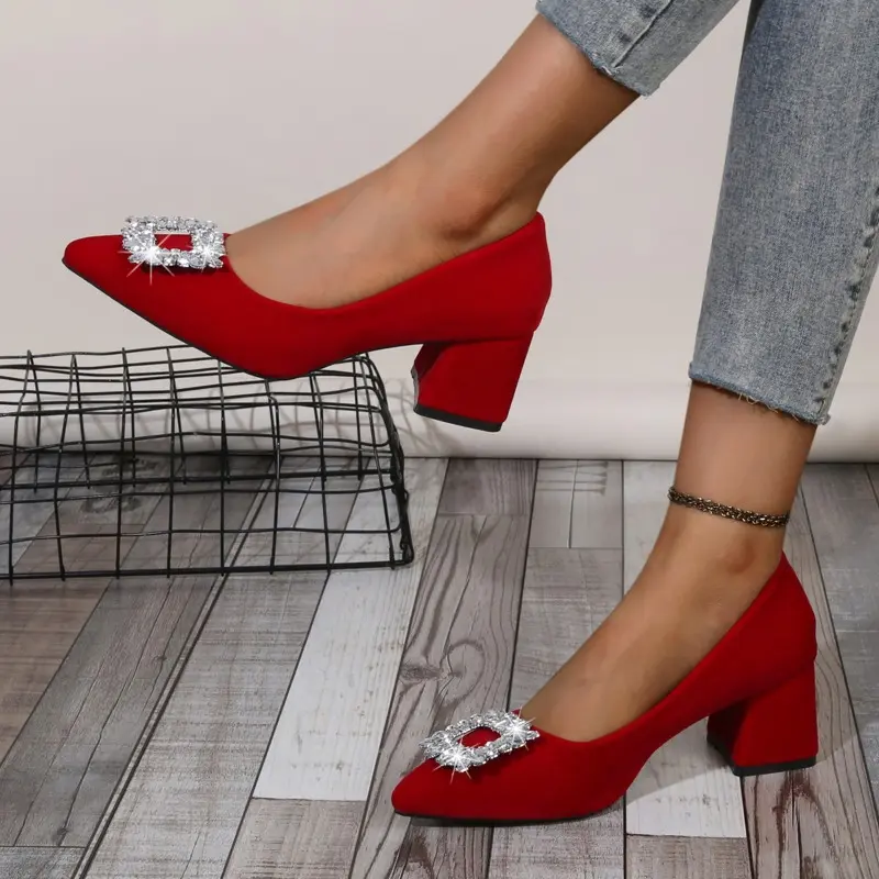 Rhinestone Square Button Block Heel Single Shoes Women's Autumn New Pointed Toe Shallow Mouth Slip-On High Heels