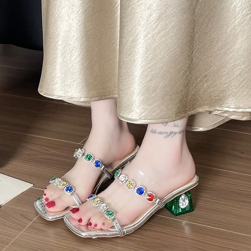 Summer wear square head colorful rhinestone block heel open toe cool drag with skirt beautiful half drag woman