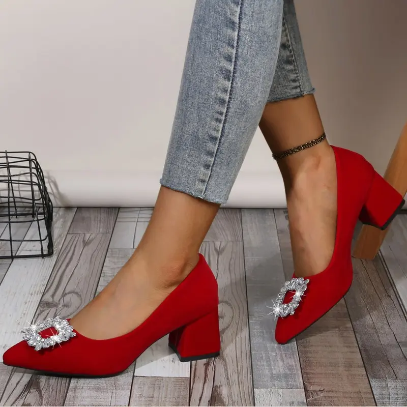 Rhinestone Square Button Block Heel Single Shoes Women's Autumn New Pointed Toe Shallow Mouth Slip-On High Heels