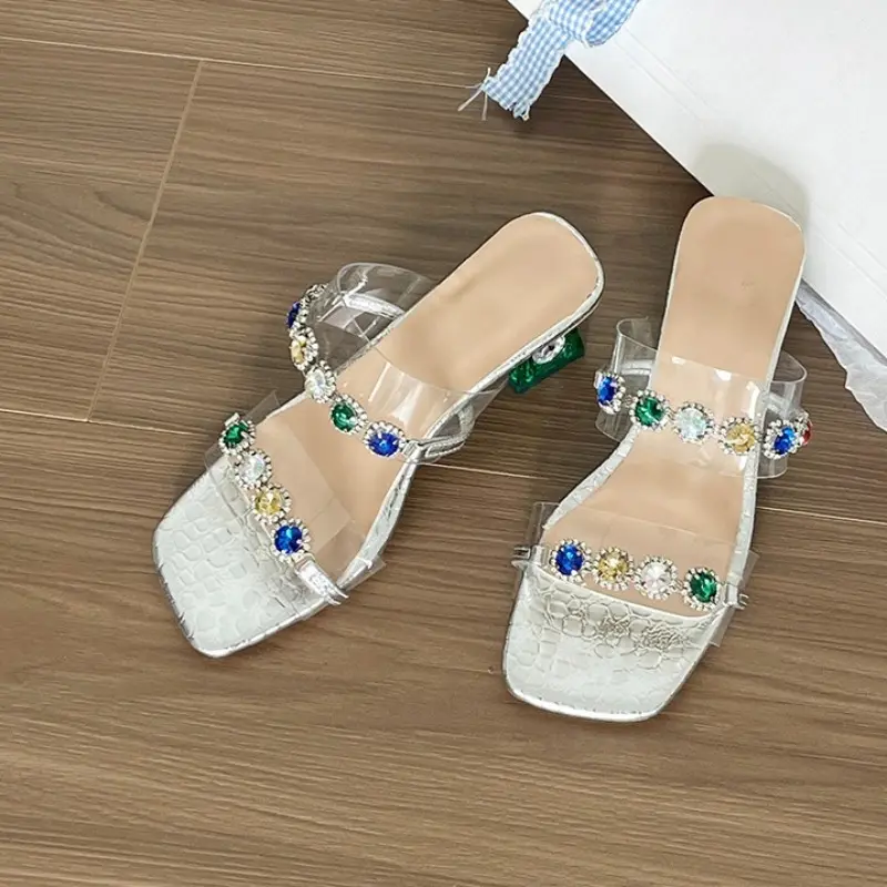 Summer wear square head colorful rhinestone block heel open toe cool drag with skirt beautiful half drag woman