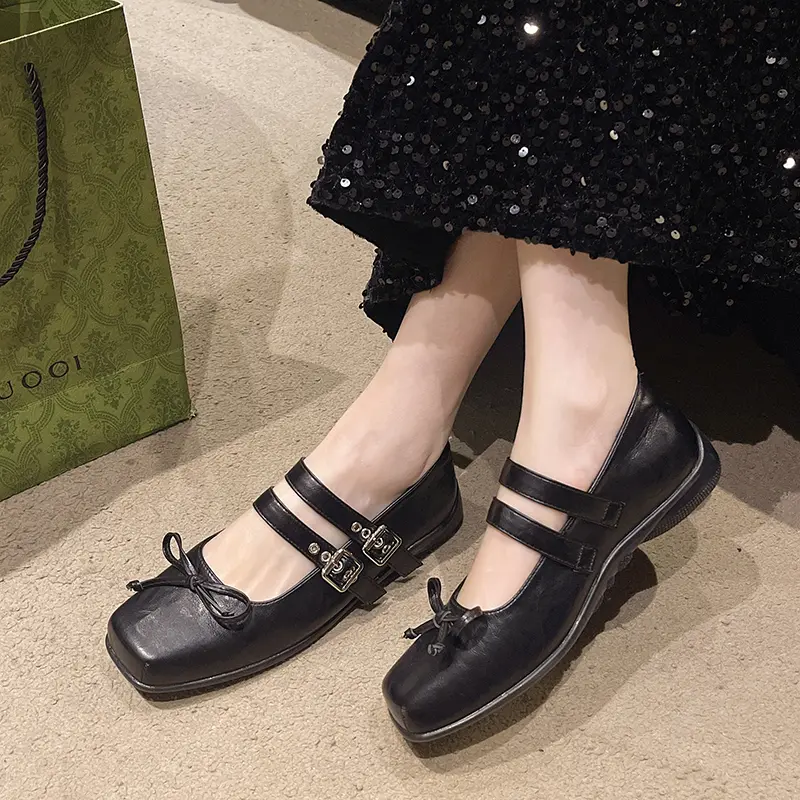 Women's Flat Shoes Spring New Square Head Shallow Mouth Butterfly Knot Rivet Soft Sole Non-slip Single Shoes
