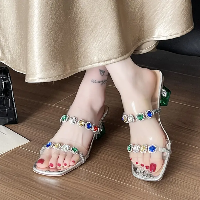 Summer wear square head colorful rhinestone block heel open toe cool drag with skirt beautiful half drag woman