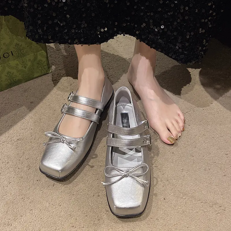 Women's Flat Shoes Spring New Square Head Shallow Mouth Butterfly Knot Rivet Soft Sole Non-slip Single Shoes