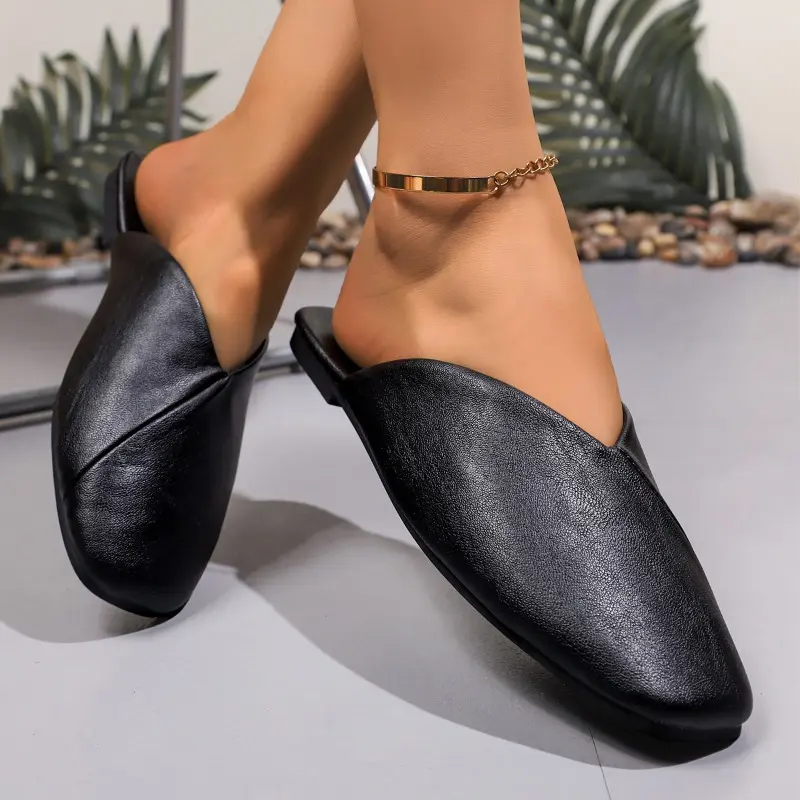 Plus Size Women's Shoes Autumn New Square Toe Shallow Mouth Splicing Soft Leather Soft Sole Wrapped Toe Anti-slip Slippers
