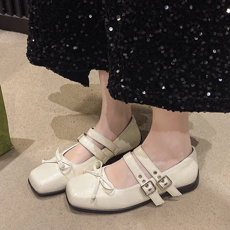 Women's Flat Shoes Spring New Square Head Shallow Mouth Butterfly Knot Rivet Soft Sole Non-slip Single Shoes