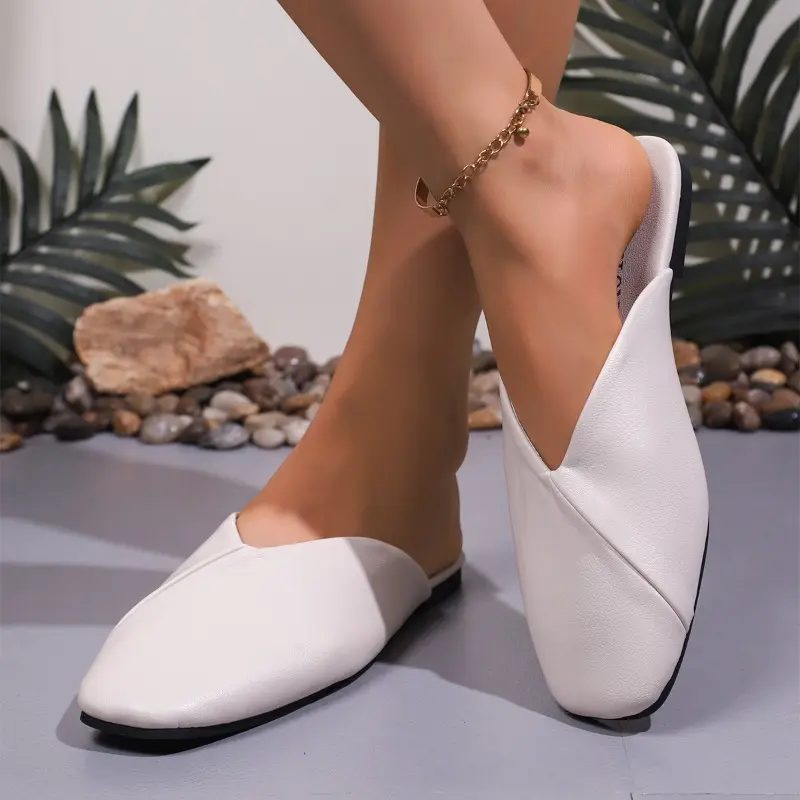 Plus Size Women's Shoes Autumn New Square Toe Shallow Mouth Splicing Soft Leather Soft Sole Wrapped Toe Anti-slip Slippers
