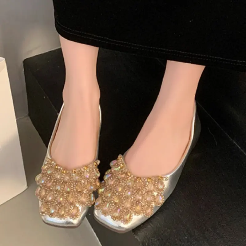 Spring New Flat Shoes Women's Fashion Square Head Shallow Mouth Glitter Soft Sole Anti-slip Wear-resistant Single Shoes