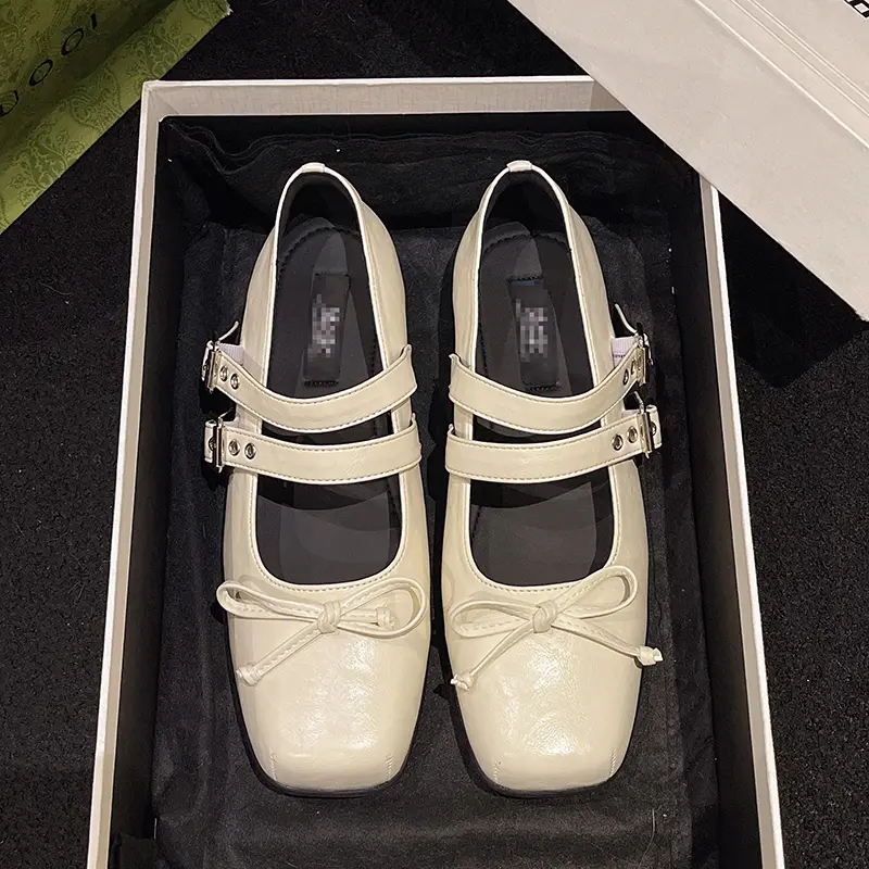 Women's Flat Shoes Spring New Square Head Shallow Mouth Butterfly Knot Rivet Soft Sole Non-slip Single Shoes