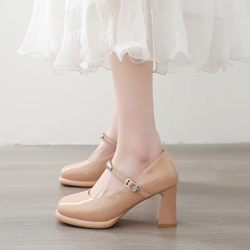 Summer High Heels Women's Square Head Shallow Mouth Bright Leather Metal Buckle Line with Anti-slip Wear Shoes