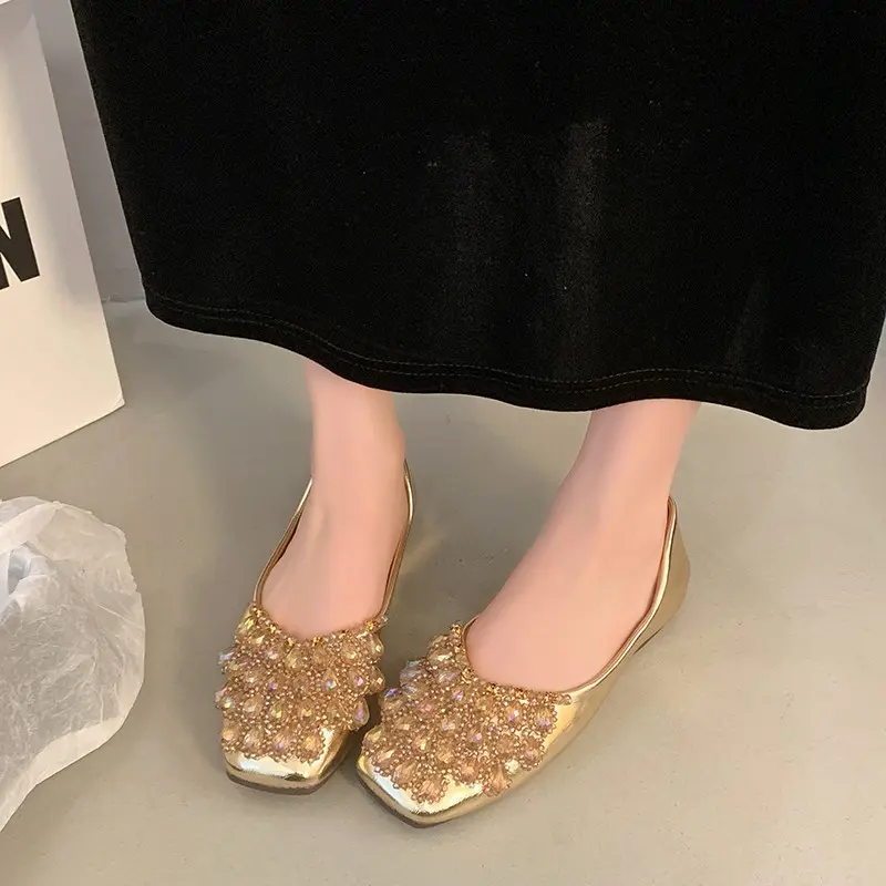 Spring New Flat Shoes Women's Fashion Square Head Shallow Mouth Glitter Soft Sole Anti-slip Wear-resistant Single Shoes