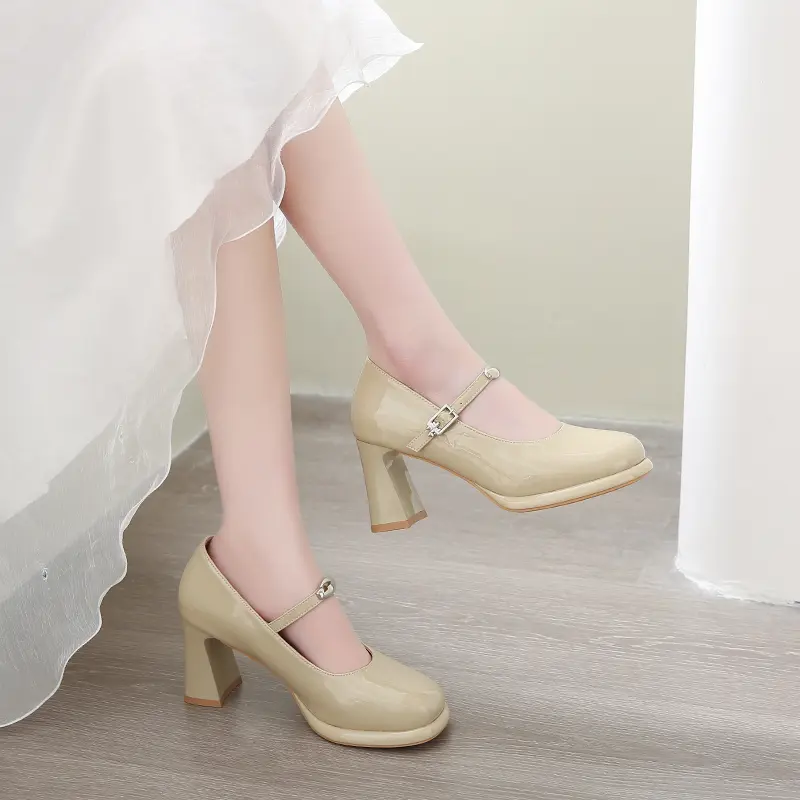 Summer High Heels Women's Square Head Shallow Mouth Bright Leather Metal Buckle Line with Anti-slip Wear Shoes