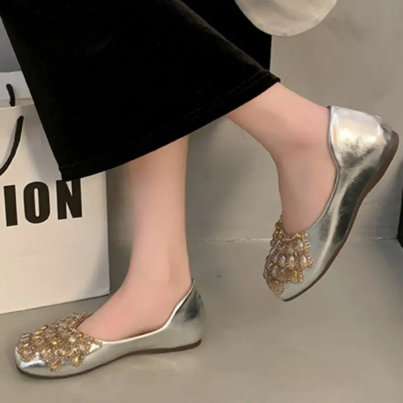 Spring New Flat Shoes Women's Fashion Square Head Shallow Mouth Glitter Soft Sole Anti-slip Wear-resistant Single Shoes