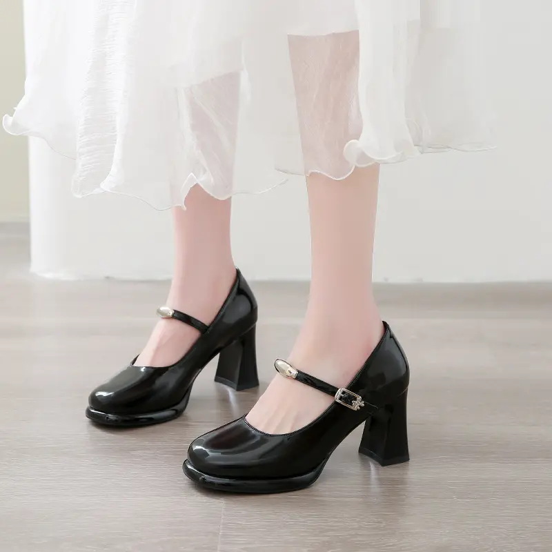 Summer High Heels Women's Square Head Shallow Mouth Bright Leather Metal Buckle Line with Anti-slip Wear Shoes