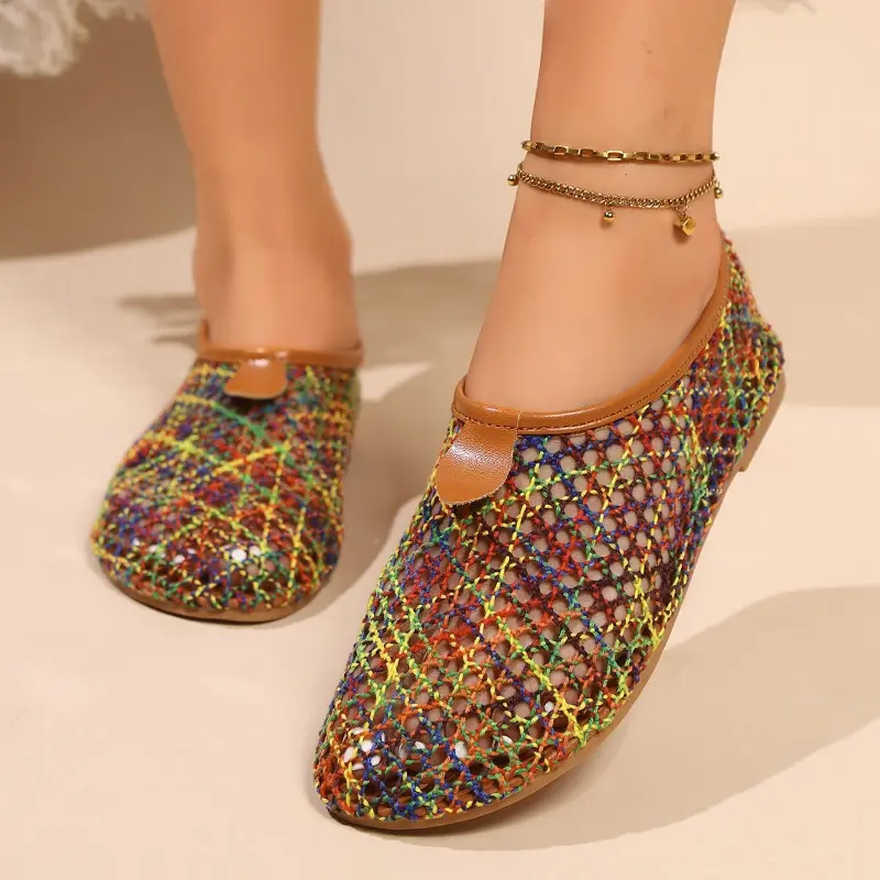 Women's Fashion Flat Shoes Spring New Round Head Deep Mouth Mesh Cloth Breathable Soft Sole Non-slip Single Shoes