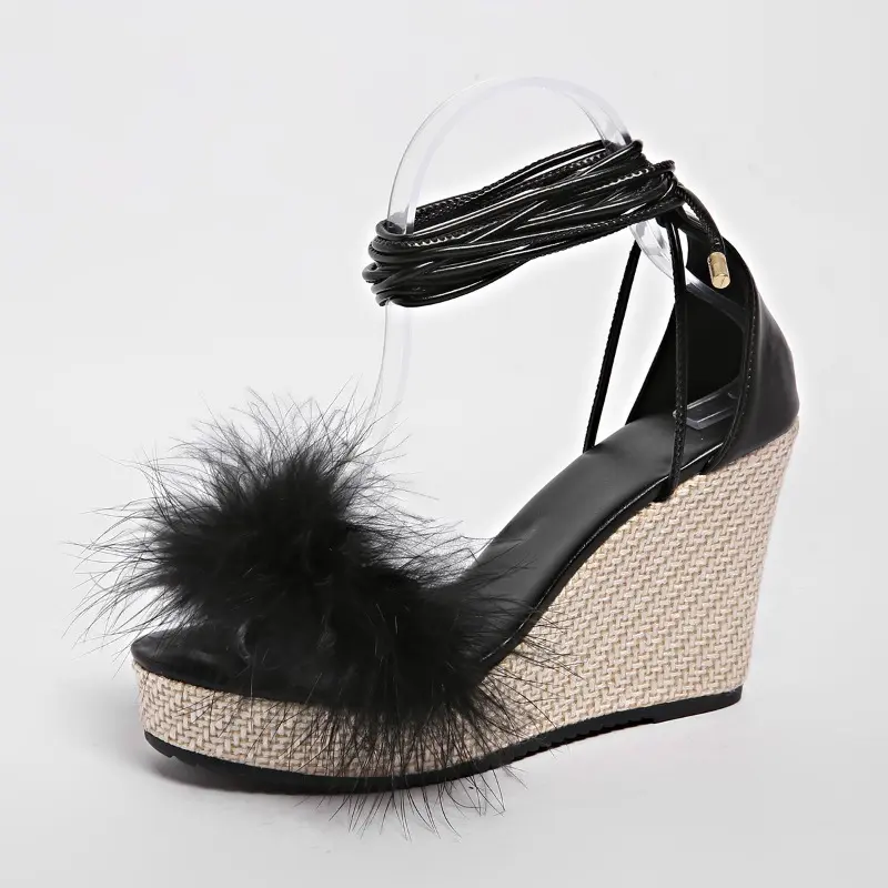 Round Toe Slope Sandals Summer New Open Toe Plush Waterproof Platform Cross Thin Strap Anti-slip Wear-resistant High Heels