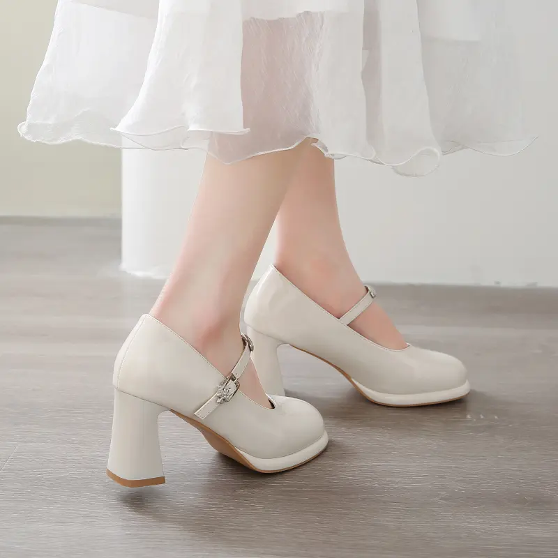 Summer High Heels Women's Square Head Shallow Mouth Bright Leather Metal Buckle Line with Anti-slip Wear Shoes